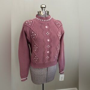 Vintage Embroidered floral flower Sweater 100% cotton mauve pink purple white